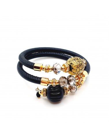 Bracelet black Rugiada en cuir noir et perles en verre de Murano bijoux fantaisies artisans italiens