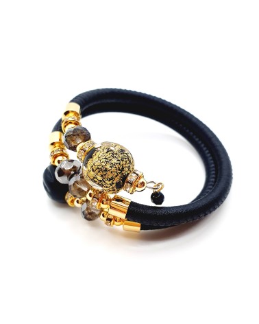 Bracelet black Rugiada en cuir noir et perles en verre de Murano bijoux fantaisies artisans italiens