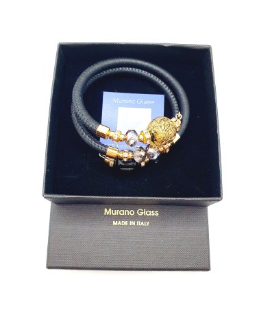Bracelet black Rugiada en cuir noir et perles en verre de Murano bijoux fantaisies artisans italiens