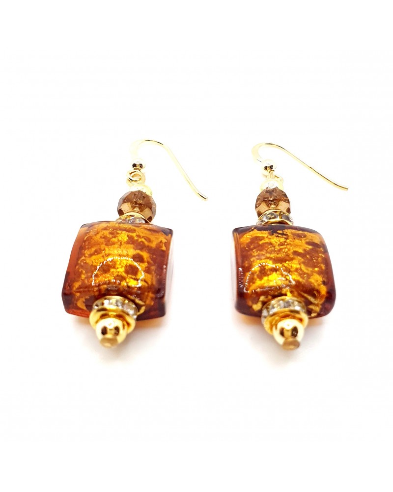 Boucles D'Oreilles Verre De Murano - Carrés Pâte De Verre, Or Jaune Plaqué, Neuf Sans Emballage