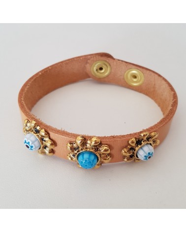 Bracelet cuir  véritable avec 3 motifs et murrina marron bijoux fantaisie fait à la main