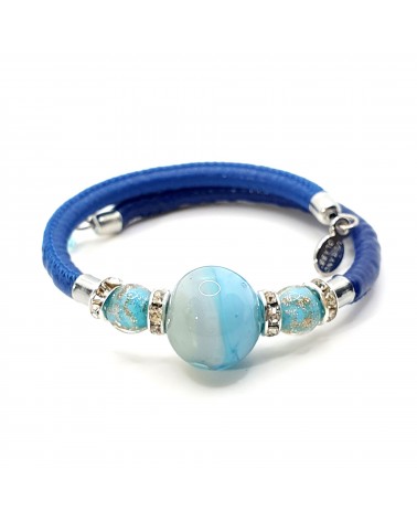 Bracelet Prestige en cuir et verre de Murano bleu bijoux fantaisie