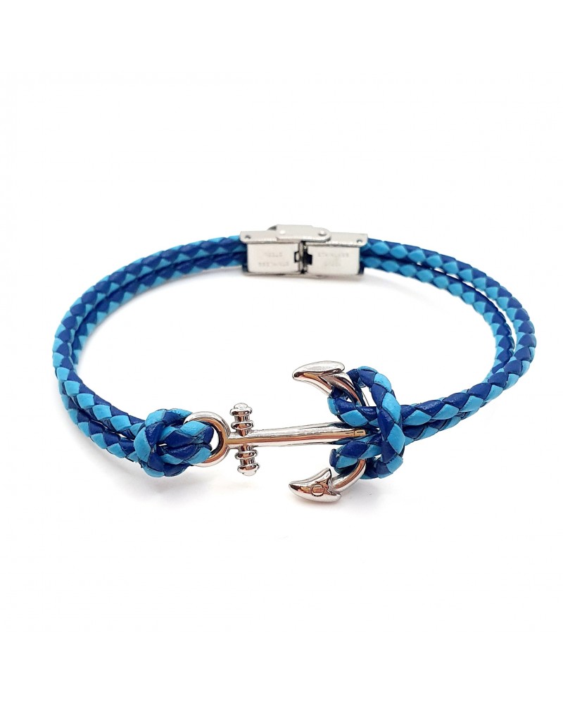 Bracelet ancre de marine en cuir tressé double bleu bijoux fantaisies