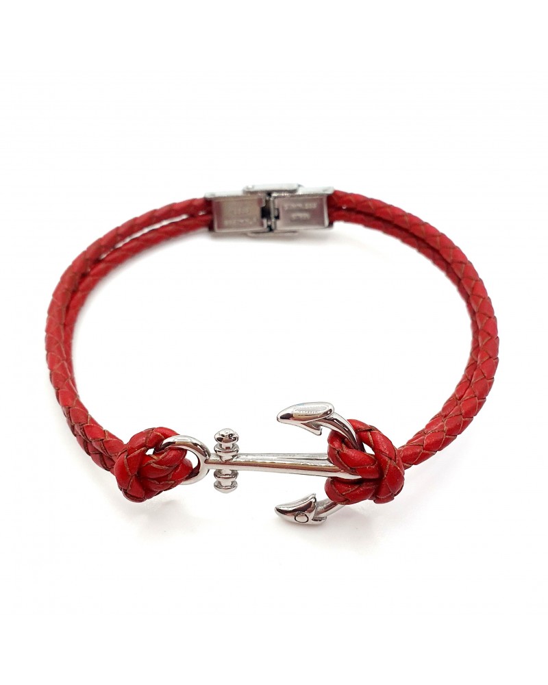 Bracelet ancre de marine en cuir tressé rouge bijoux fantaisies