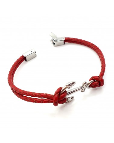 Bracelet ancre de marine en cuir tressé rouge bijoux fantaisies